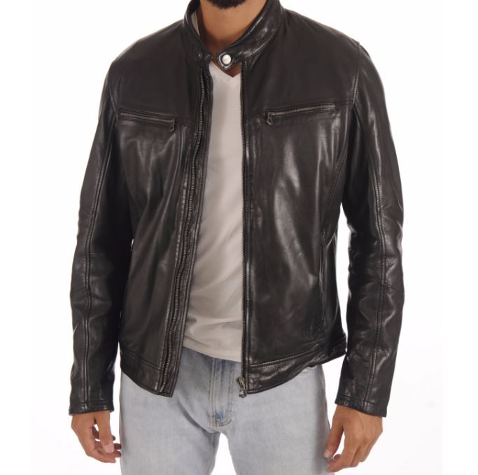 Blouson en cuir noir coupe classique pour homme