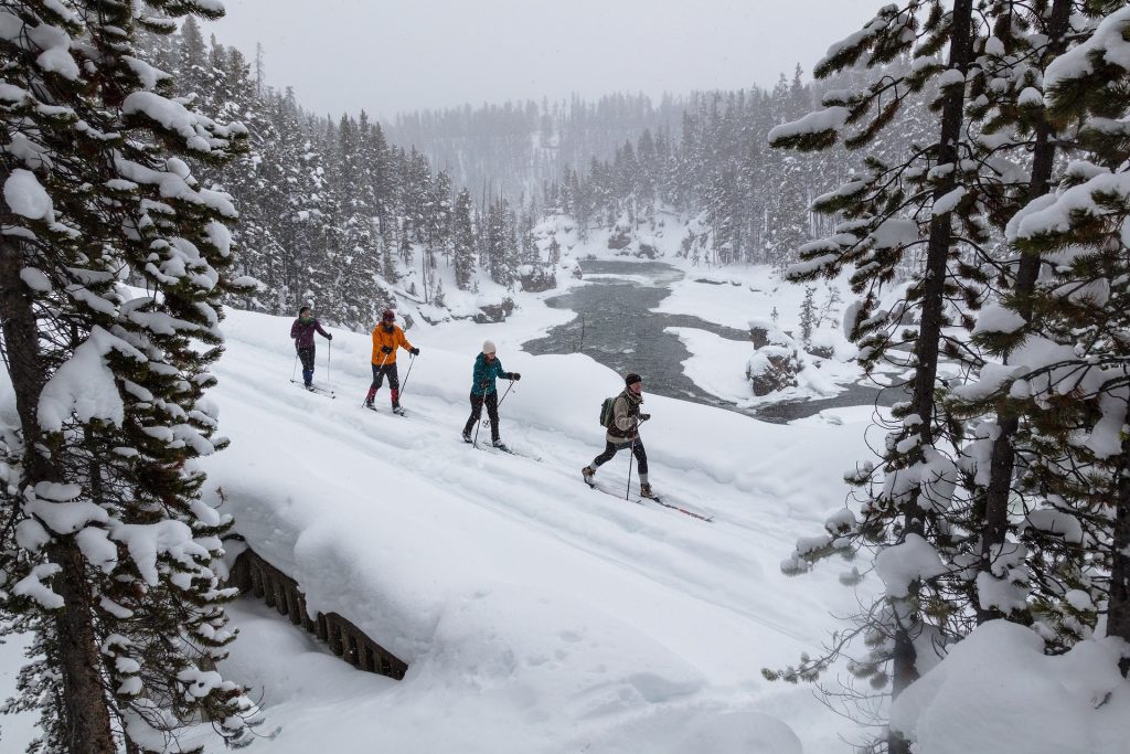 Quatre personnes au milieu de la neige en pleine montagne qui font une randonnée à ski