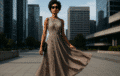 robe longue pliss&eacute;e sur une fashionnista moderne