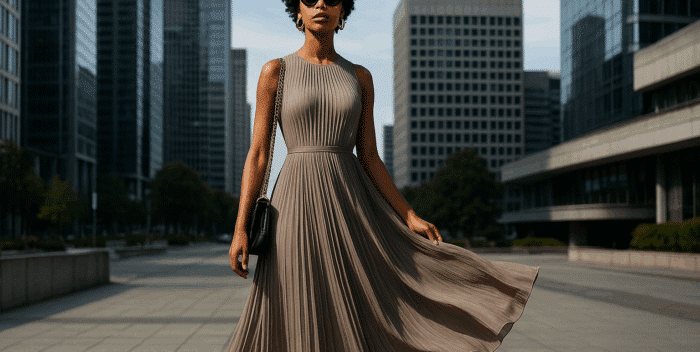 robe longue plissée sur une fashionnista moderne